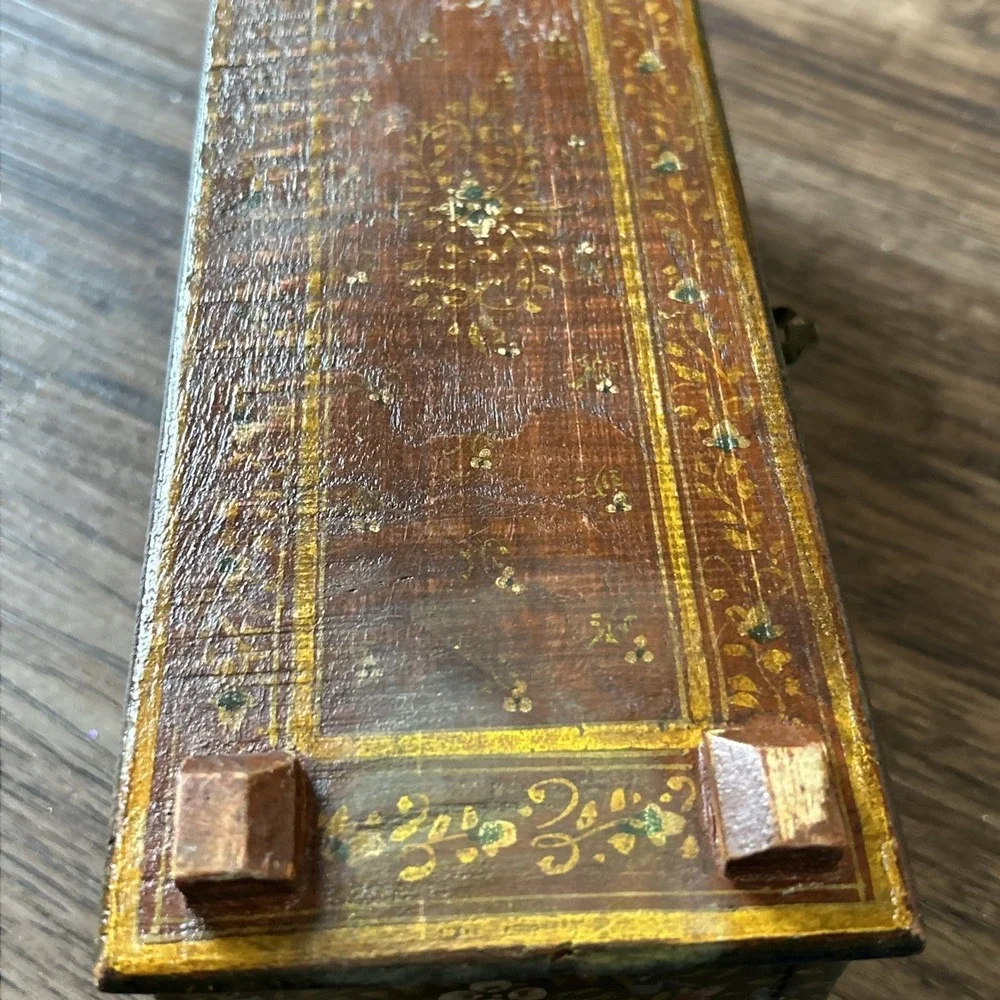 Vintage Wooden Box‎ Ornate Hand Painted Indian Design Jewelry Trinket Storage